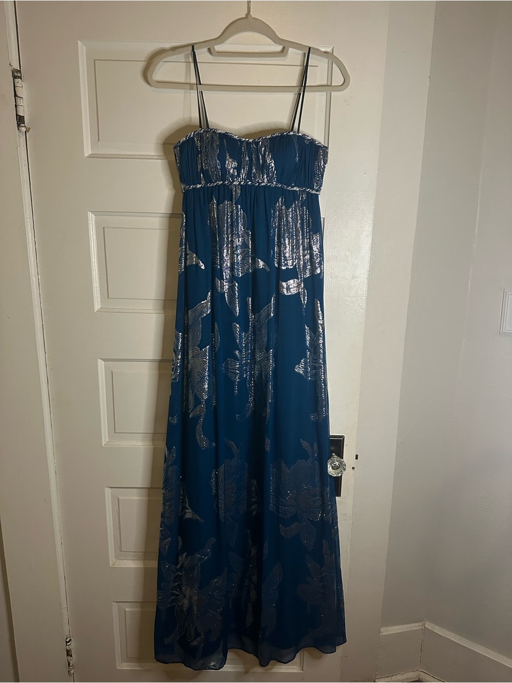 Aidan Mattox Teal and Silver Metallic Evening Gown